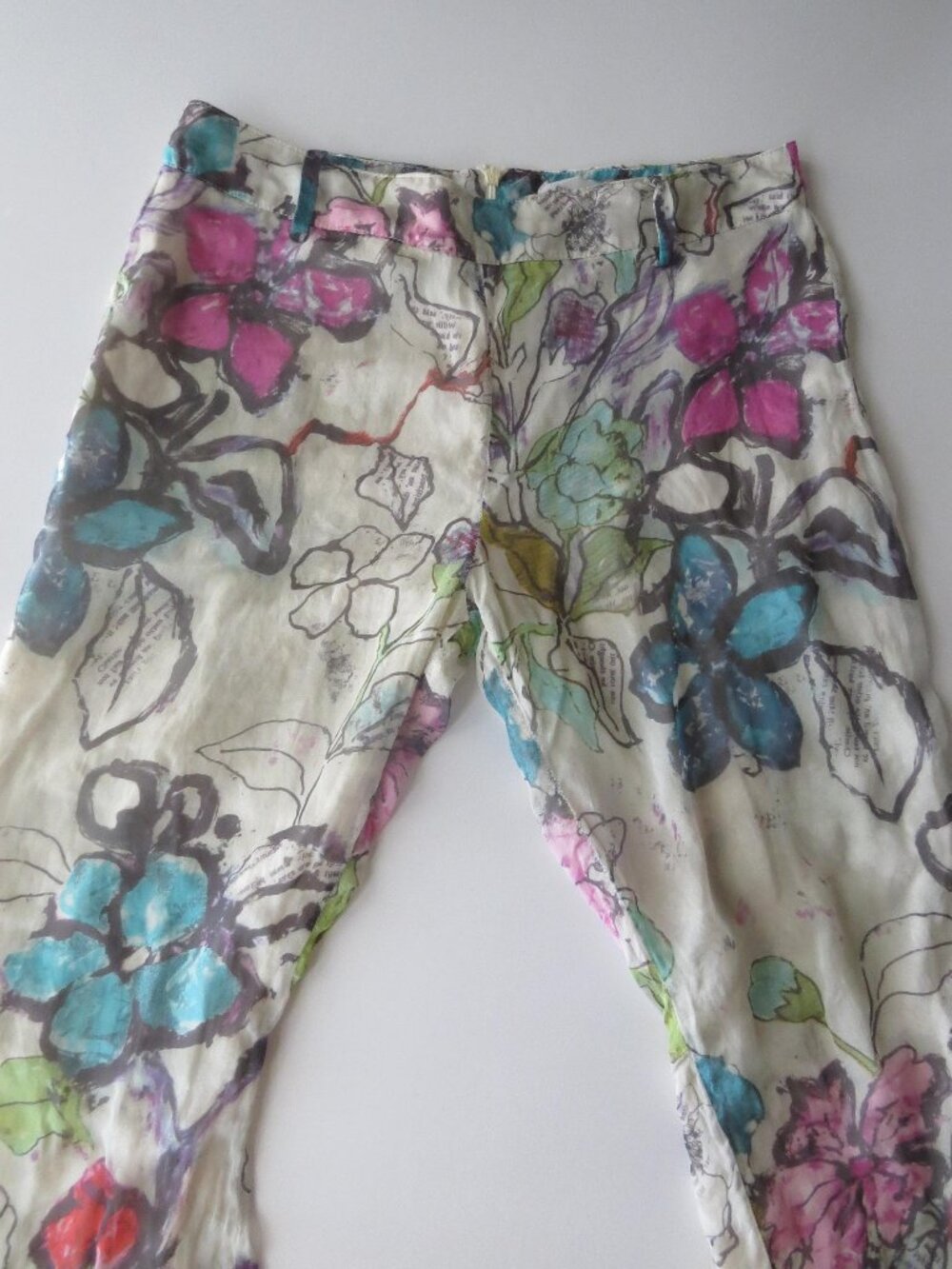 Pinko Made in Italy 100% Silk Trousers, Watercolor Floral Newspaper Print Pants,